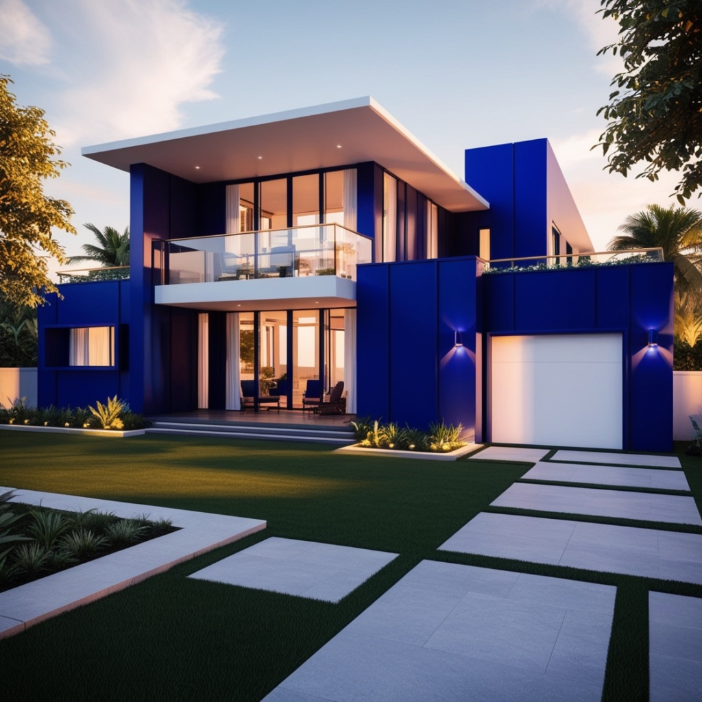 A luxurious modern house with a bold blue exterior, sleek minimalist design, and large glass windows, surrounded by lush greenery and a stylish pathway
