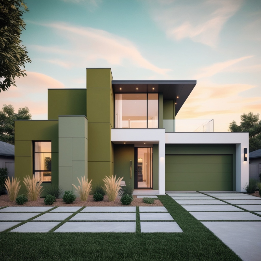 A modern house with a sleek green and white exterior, large glass windows, and a stylish landscape design.