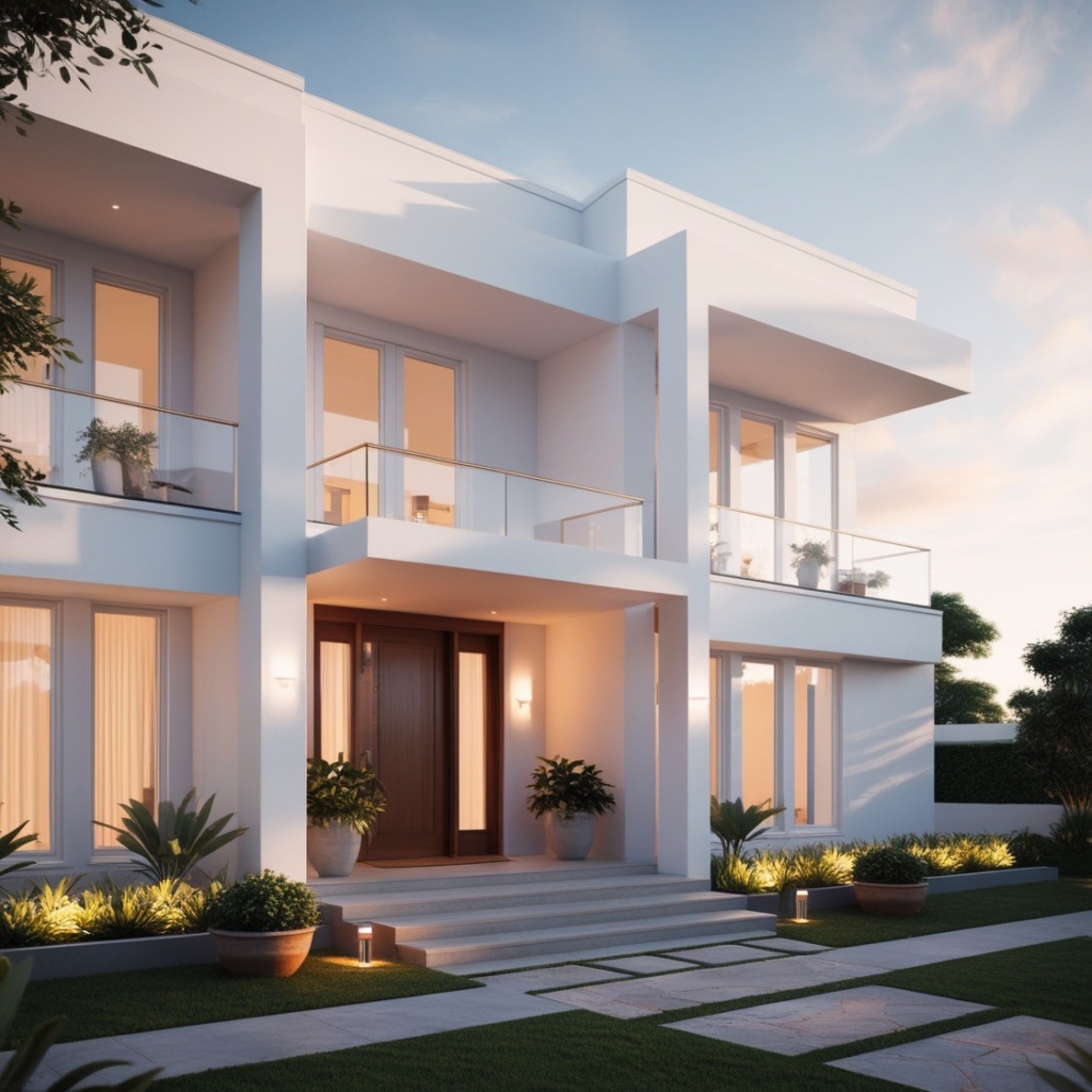 A white house with black-framed windows and a wooden door feels elegant and warm.