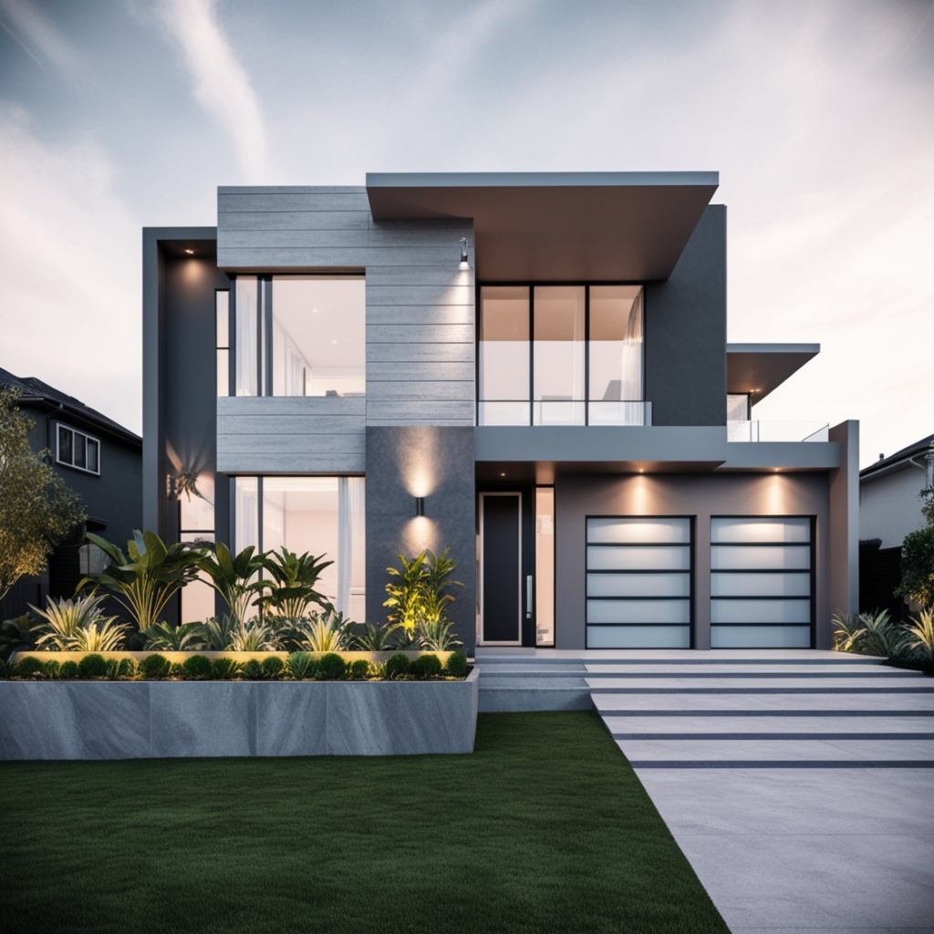 A stunning modern house exterior featuring a mix of concrete, glass, and wood finishes, with ambient lighting and lush landscaping.
