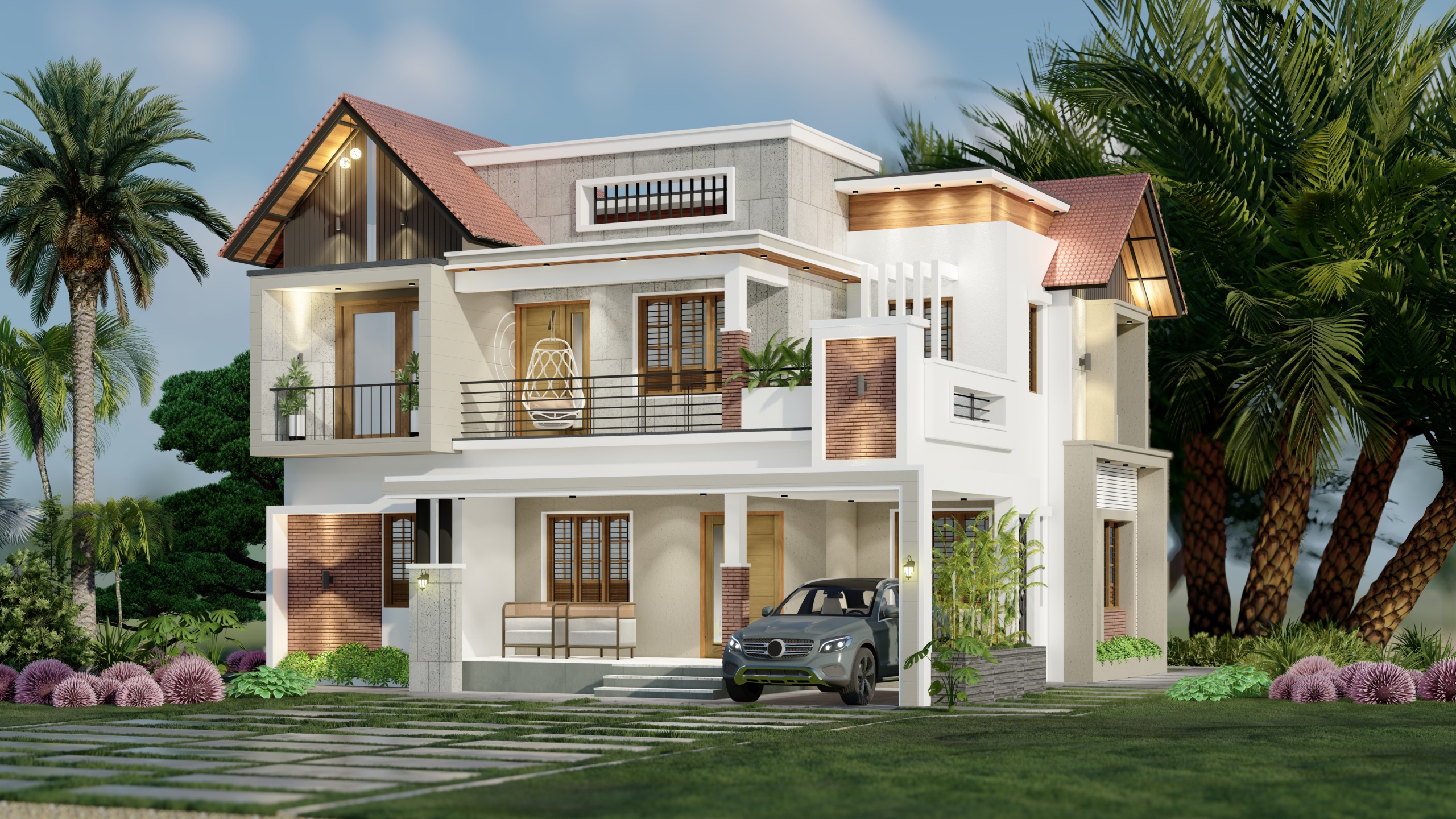 Modern Two Storey House Front Elevation Design with Sloped Roof, Balcony and Car Parking