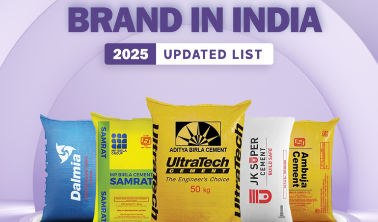 Best cement brands in India 2025 – UltraTech, Dalmia, Ambuja, JK Super, MP Birla Samrat cement bags on display