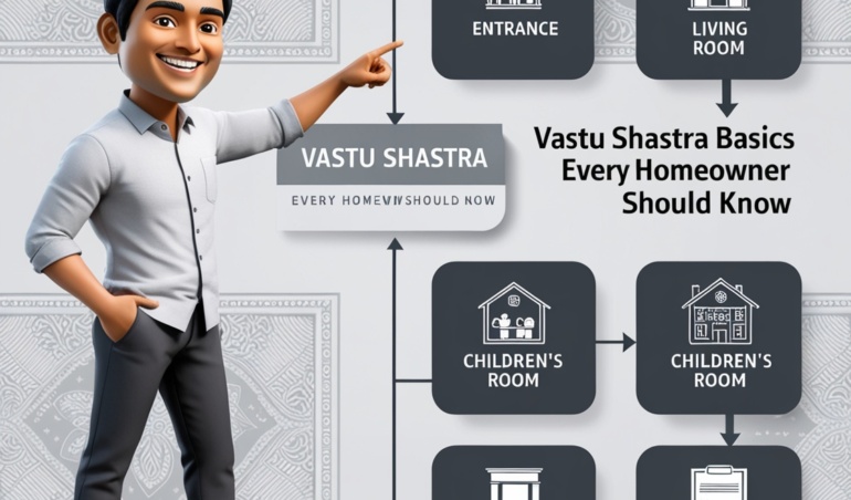 Infographic of Vastu Shastra basics showing ideal directions for entrance, living room, children's room, kitchen, and study room, with a cartoon-style man pointing at the flow diagram.