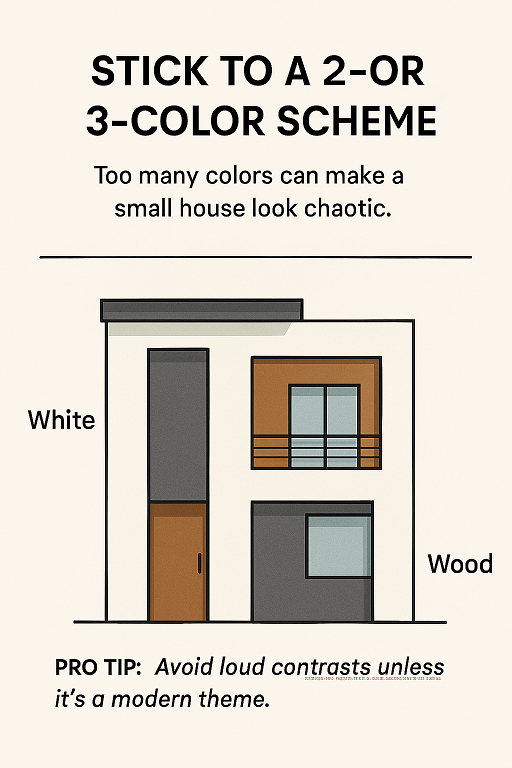 Modern house exterior design tips showing a white and wood 2- color scheme with guidance to avoid too many color