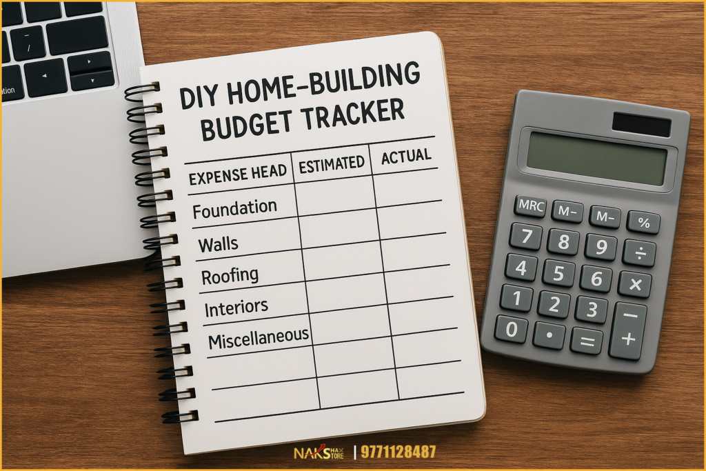 DIY home-building budget tracker notebook with expense categories like foundation, walls, roofing, interiors, and miscellaneous, placed on a wooden desk with a calculator and laptop